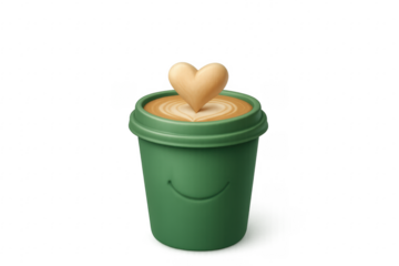 Green takeaway coffee cup with heart shaped foam and smiling face on transparent background