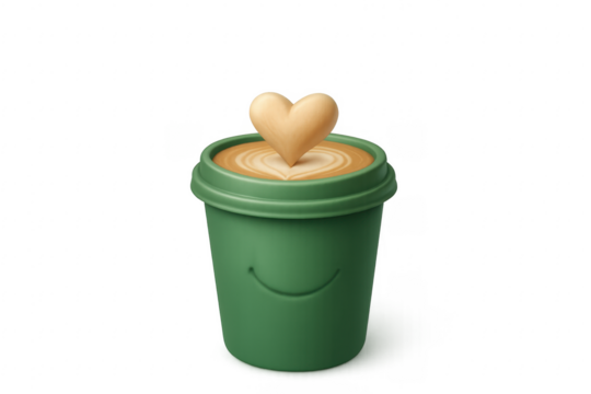 Green takeaway coffee cup with heart shaped foam and smiling face on transparent background
