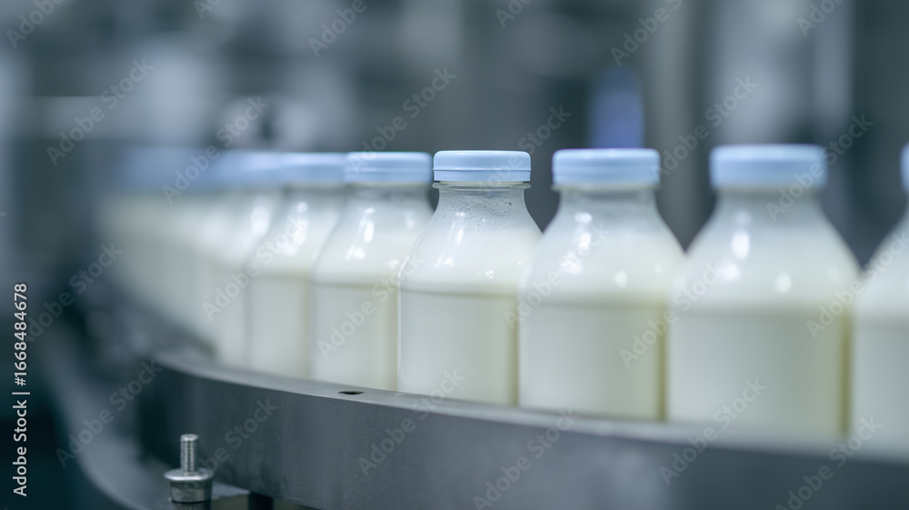 Poster plant based milk bottles on conveyor line in modern factory, automated production process, clean and