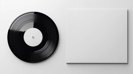 a design with a white square cover positioned partially over a black vinyl record, set against a light-colored textured background. The cover is empty, indicating that it's customizable.