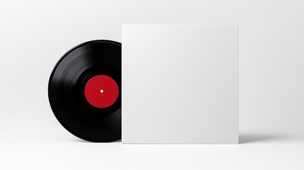 a design with a white square cover positioned partially over a black vinyl record, set against a light-colored textured background. The cover is empty, indicating that it's customizable.