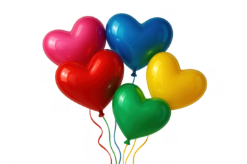Colorful heart shaped balloons floating on transparent background