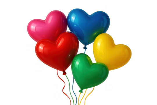 Colorful heart shaped balloons floating on transparent background - Powered by Adobe