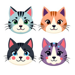 Fototapeta premium Four adorable cartoon cat faces with unique colors and happy expressions are presented.