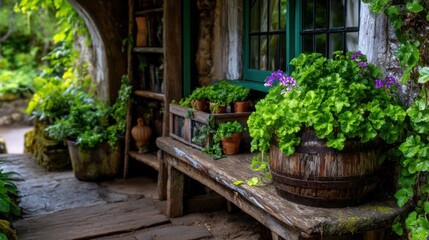 Fototapeta premium Rustic Oasis with Lush Botanicals: A charming, old-fashioned wooden bench and thriving plant displays in the garden's quaint retreat, a serene escape filled with natural beauty and charm.