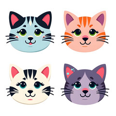 Four adorable cartoon cat faces with various colors and designs.