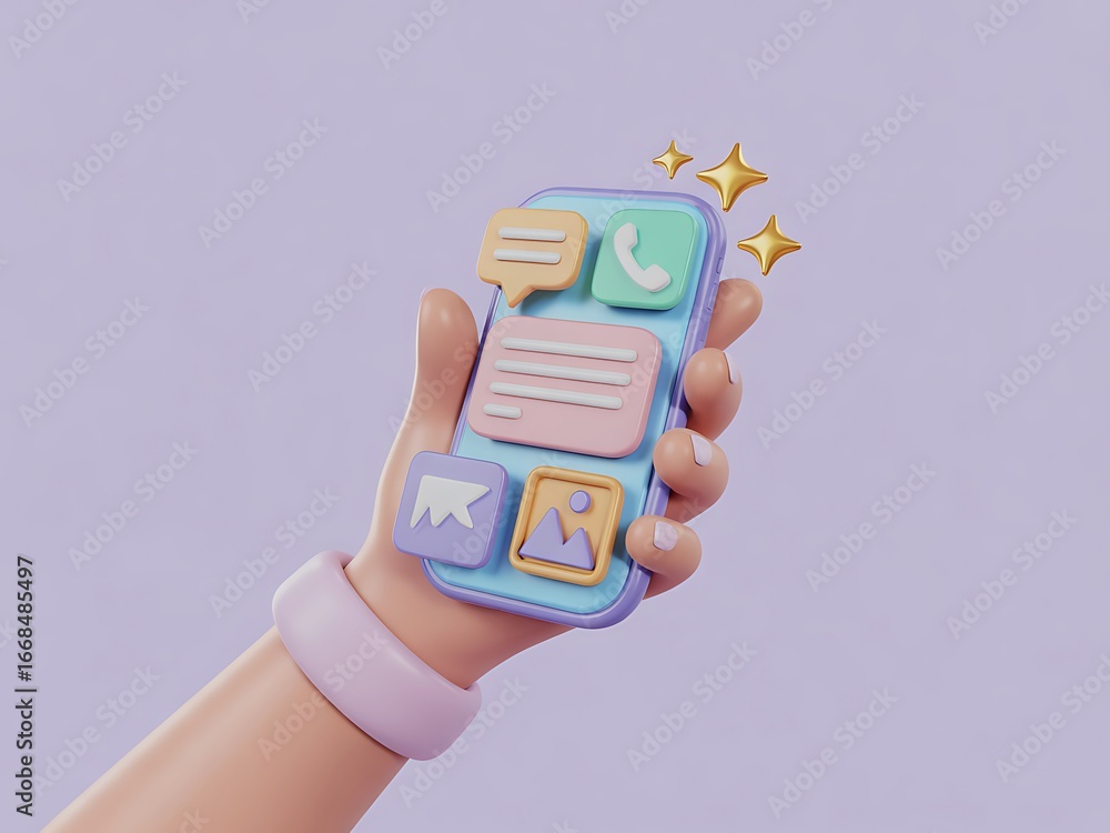 Poster stylized phone with cartoon applications in hand for technology and communication concepts.