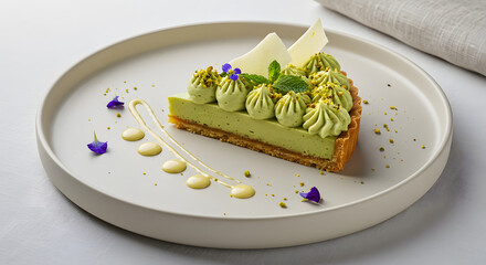A slice of pistachio cream tart with piped pistachio cream rosettes, crushed pistachio dust, and micro mint garnish. Served on a matte white round porcelain plate.