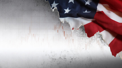 Torn flag financial graph crisis volatility economy United States distress concept abstract background. Torn United States flag overlaying