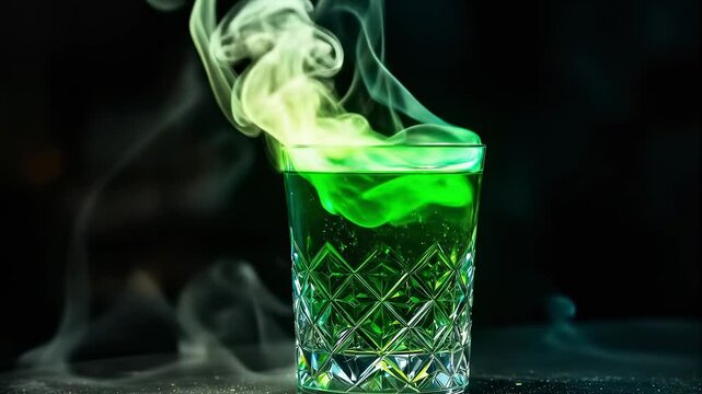 A vibrant green potion with mystical smoke pouring from a glass, creating a magical and fantasy atmosphere