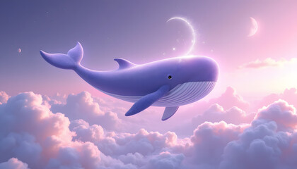 Fototapeta premium A purple whale soaring through a pastel sky filled with fluffy clouds and a crescent moon.