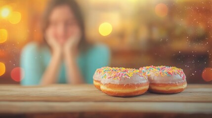 Delicious donuts on a wooden table with a person longing for dessert