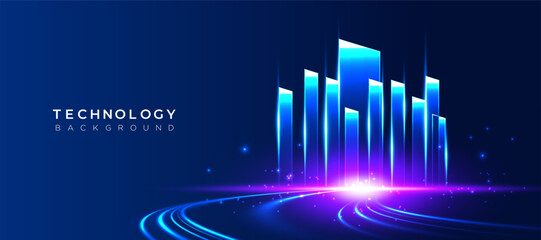 Night city background with glowing neon buildings, curved speed light trails, and futuristic skyline. Abstract digital vector dark blue, smart city, business, technology