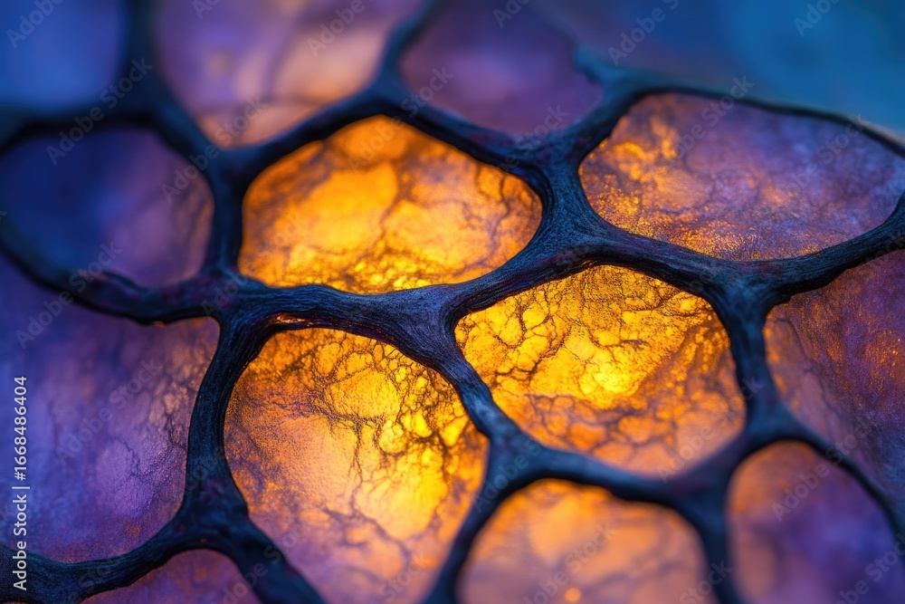 Poster close-up of illuminated art glass with a network of dark veins, creating a mesmerizing abstract patt