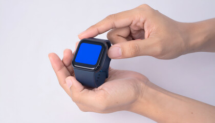 Person Holding Smartwatch with Blue Screen Mockup