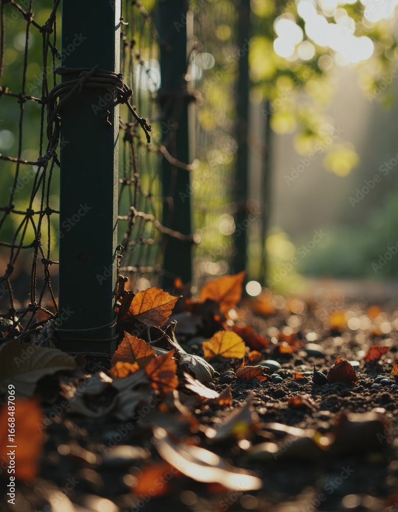 Poster trail boundary markers with netting and fallen leaves in soft sunlight