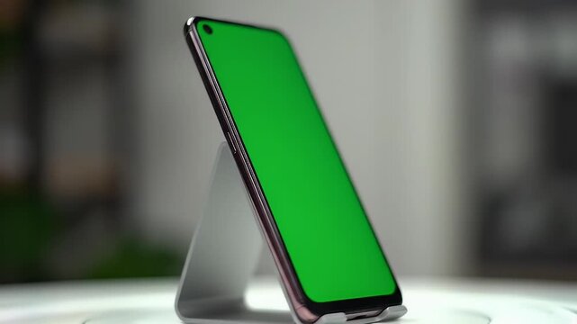 Modern smartphone with vibrant green screen display for easy content replacement, resting on a sleek stand with a blurred background, perfect for t...