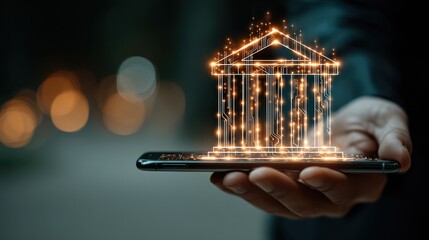 Digital Banking: A modern hand cradles a smartphone displaying a glowing holographic bank, symbolizing financial innovation, futuristic technology, and the evolving landscape of online banking.