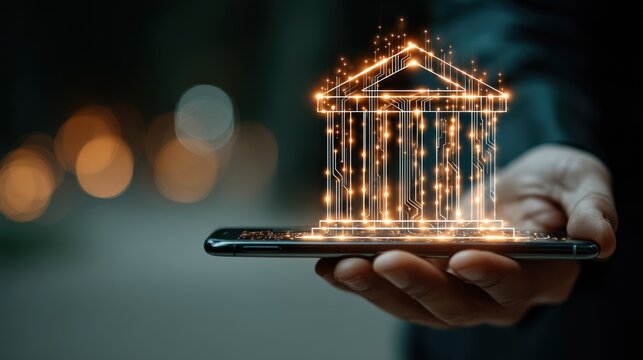 Digital Banking: A modern hand cradles a smartphone displaying a glowing holographic bank, symbolizing financial innovation, futuristic technology, and the evolving landscape of online banking.