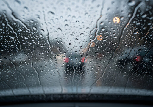 Driving in heavy rain with blurred lights on a busy city street, moody weather scene