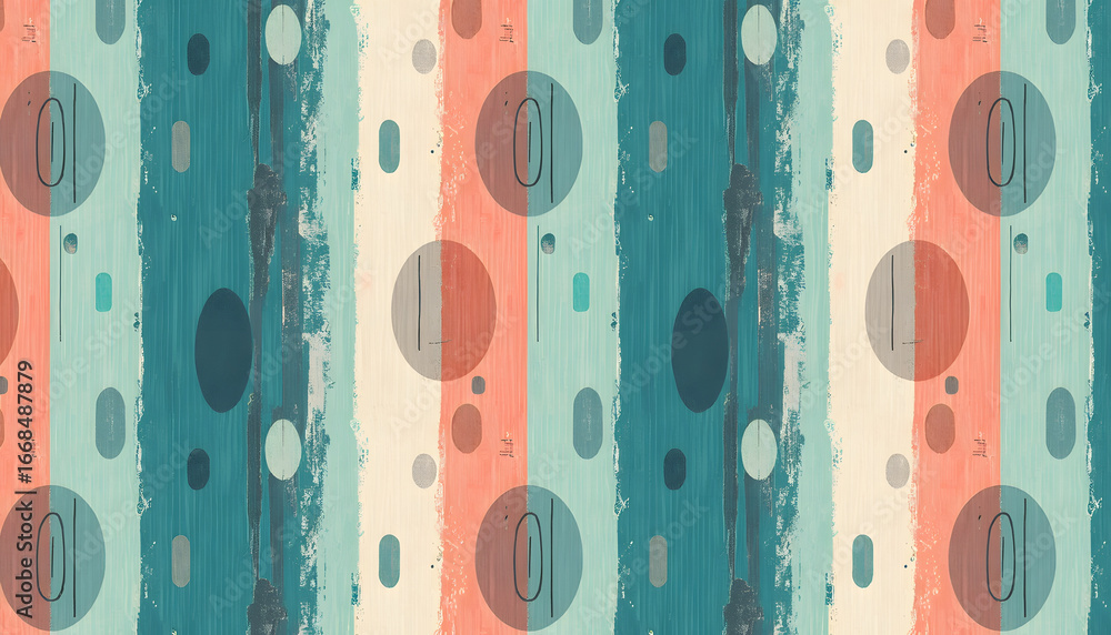 Poster this abstract pattern features teal, coral, and beige vertical stripes with overlapping circles and 