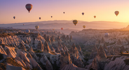 Hot air balloons gracefully floating over a unique landscape at sunrise, creating a breathtaking and serene moment