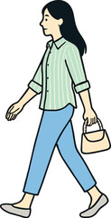 Illustration of woman walking, female character design, young lady in casual outfit with handbag, modern flat vector style drawing character.