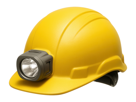 Yellow safety helmet with integrated headlamp