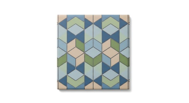 Geometric Fabric Tile with Interlocking Cube Pattern in Blue, Green, and Beige