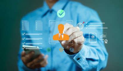 HR and KYC technology concept with digital identity verification and candidate approval interface. Ideal for human resource management, recruitment, and know your customer authentication process.