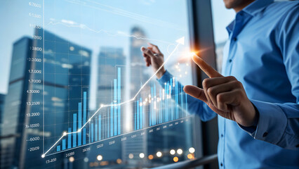 Businessman analyzing financial growth charts in modern office with city backdrop, strategic...