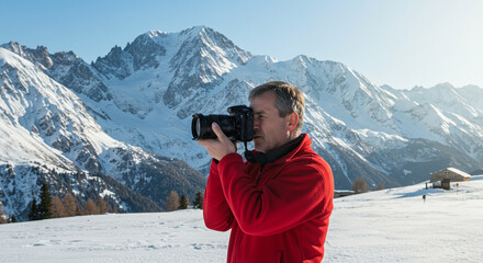 A photographer captures the stunning landscape of snow-covered mountains. The photographer stands in the foreground, engrossed in his craft