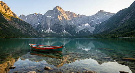 A serene lake surrounded by majestic mountains. A rowboat sits peacefully on the calm water, inviting exploration of the beautiful natural scenery.
