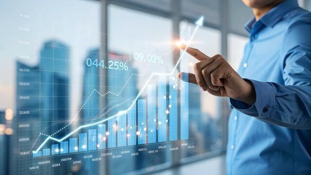 Achieving exponential business growth using innovative data analytics and financial projections in a modern office setting with rising graphs