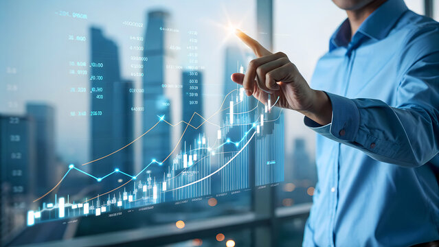 Dynamic financial growth presentation with modern interface and cityscape backdrop shows business success and investment opportunities for traders