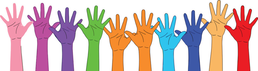 Colorful raised hands, diversity concept, unity symbol, inclusive participation, cartoon style, vibrant illustration, equality theme, community support, multicultural design, social engagement