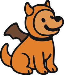 A cute cartoon dog is dressed in an orange bat costume with little wings and a hood with ears.