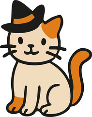 A cute cartoon cat with orange spots is wearing a black witch hat with an orange band, giving it a festive Halloween look.