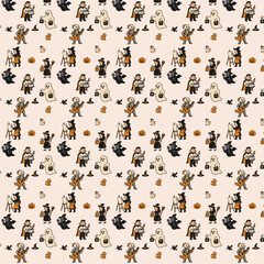 This image is a seamless Halloween-themed pattern featuring witches, vampires, ghosts, jack-o’-lanterns, black cats, bats, skeletons, and art-related props like easels and paint palettes in a festive 