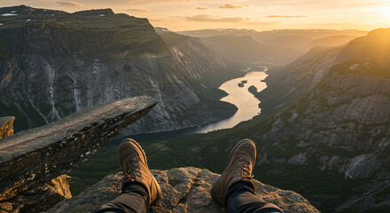 A person enjoying the breathtaking view of a mountain range and lake at sunset. They're sitting on the edge of a cliff, soaking in the beauty and serenity of the moment.