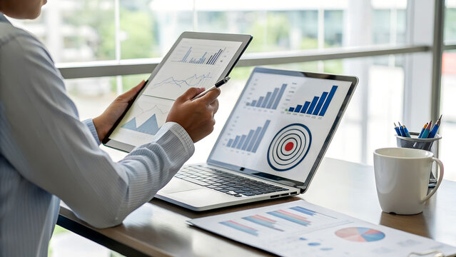 Professional analyzes financial data on laptop and tablet, charts and graphs for strategic planning in a modern, bright office space for success