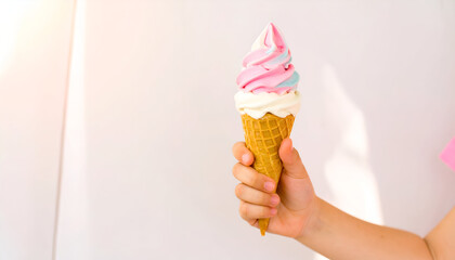 Delicious Swirl Soft Serve Ice Cream Cone in Child's Hand