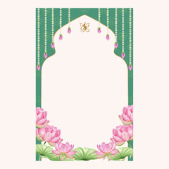 Traditional Indian Wedding Invitation Background with Lotus Flowers and Floral Garland – Vector Design © Aegunn Arts Studio 