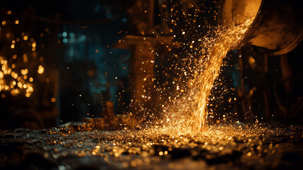 A stunning, cinematic full HD shot of a crucible being tilted, releasing a torrent of glowing, molten gold, with the surrounding details of the workshop illuminated by the intense light.
