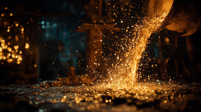 A stunning, cinematic full HD shot of a crucible being tilted, releasing a torrent of glowing, molten gold, with the surrounding details of the workshop illuminated by the intense light. - Powered by Adobe