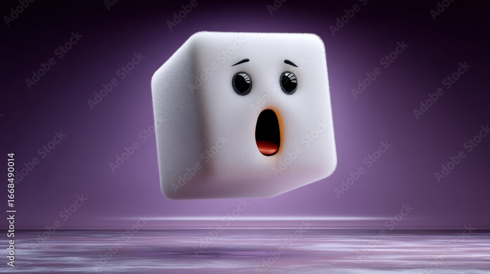 Poster 3d model of a surprised white cube with cartoonish facial features floating against a deep purple ba