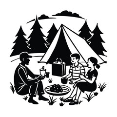 Family Having a Picnic While Camping Silhouette