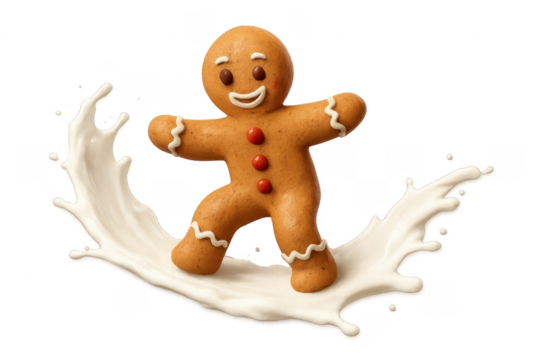 Gingerbread man surfing a milk wave with transparent background - Powered by Adobe