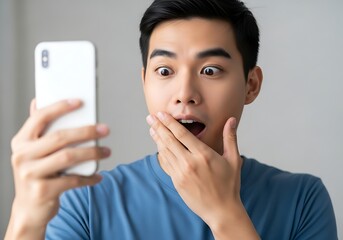 Shocked Asian man looking at smartphone with open mouth, surprised by news or unexpected online discovery