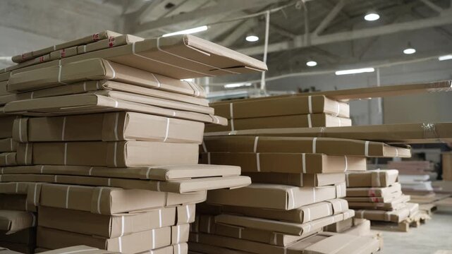Cardboard boxes stacked in furniture factory warehouse
